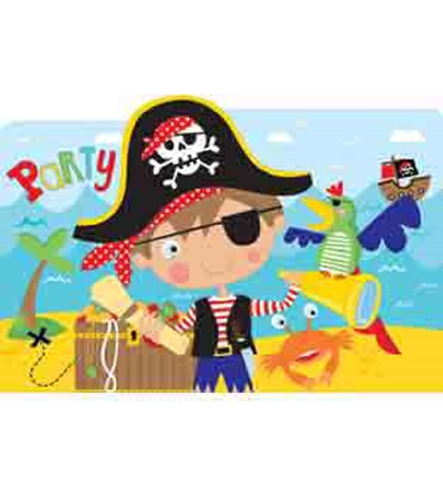 Colorful pirate-themed birthday invitation with cartoon boy pirate, parrot, treasure chest, and crab on a beach background.