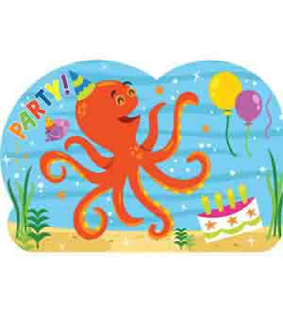 Colorful ocean-themed birthday invitation featuring a smiling orange octopus, balloons, and a birthday cake on a blue.