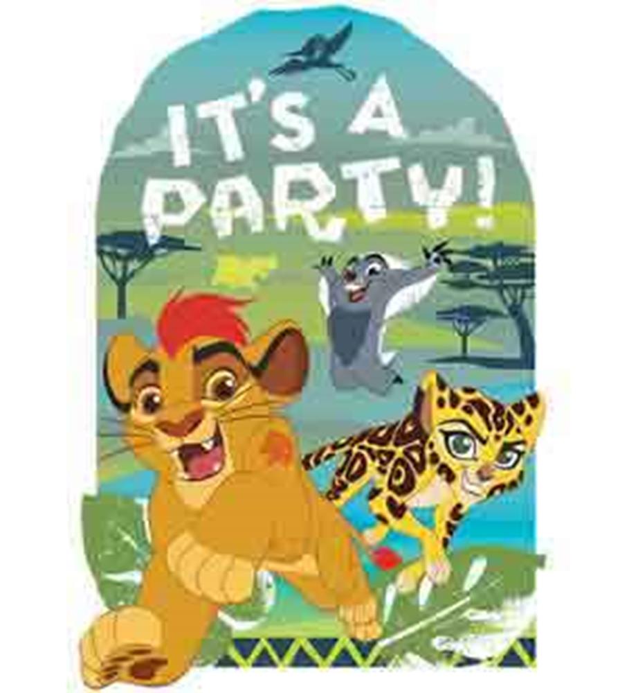 Colorful Lion Guard birthday invitation with animated lion cub, honey badger, and leopard design.