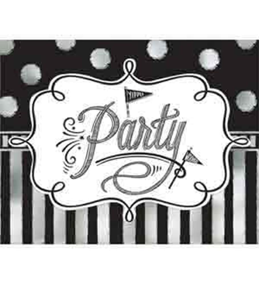 Black and white chalkboard-style invitation with polka dots, stripes, and decorative "Party" text.