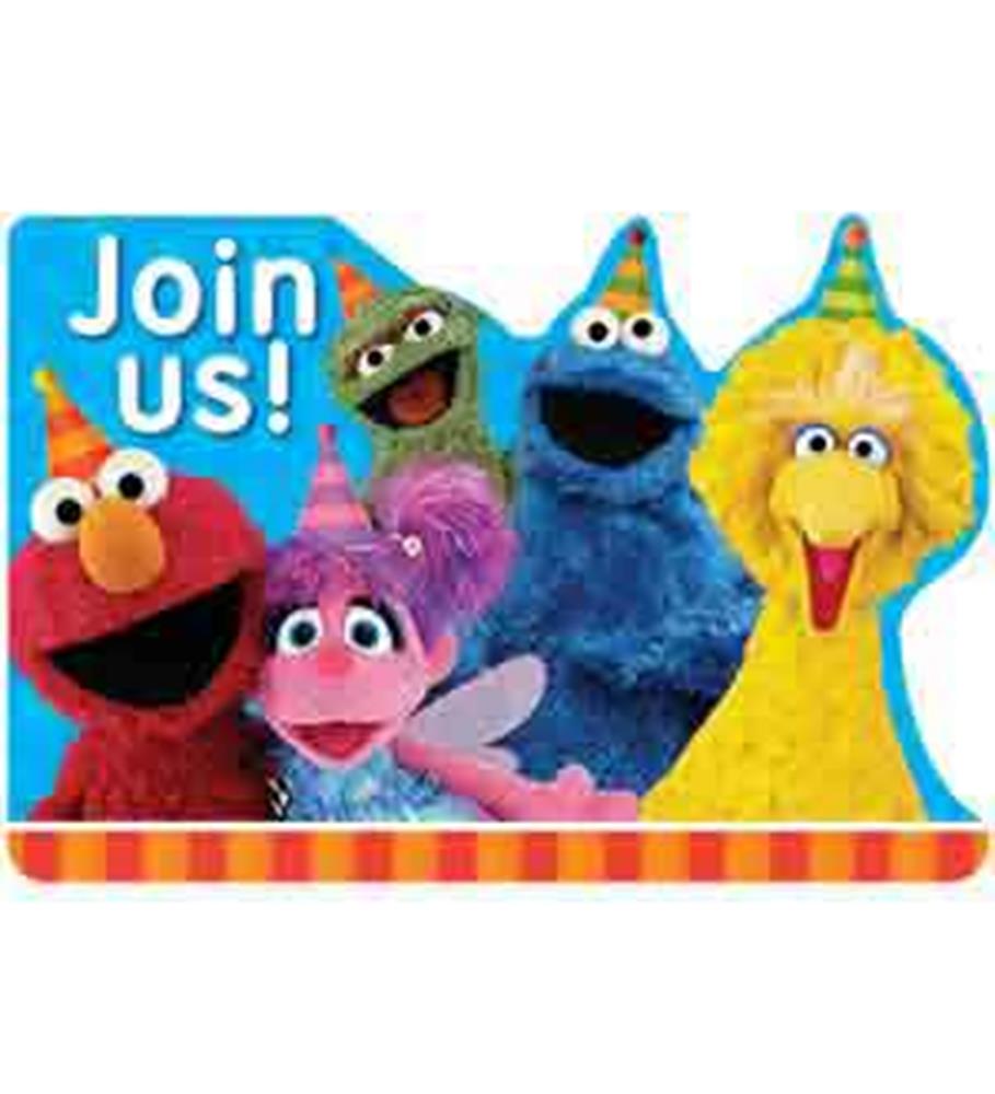 Colorful Sesame Street-themed birthday invitation featuring Elmo, Abby Cadabby, Oscar, Cookie Monster, and Big Bird with.