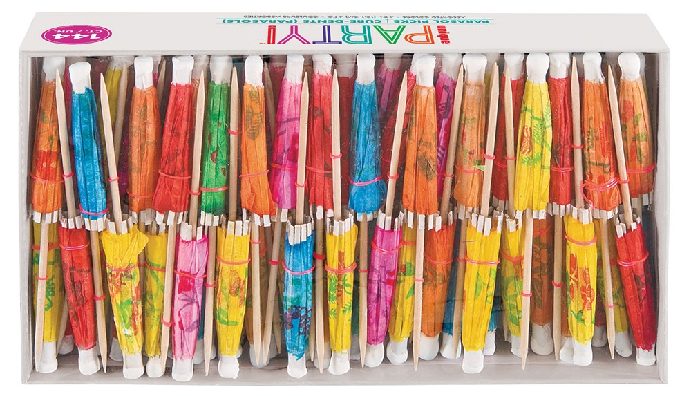 144 colorful paper cocktail umbrella picks with floral patterns in a white display box.
