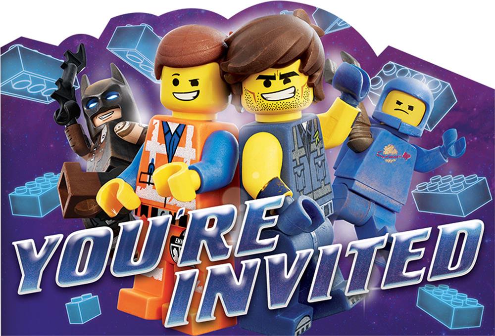 Colorful Lego The Movie 2 birthday invitation with Emmet, Lucy, and Benny figures and bold "You're Invited" text.