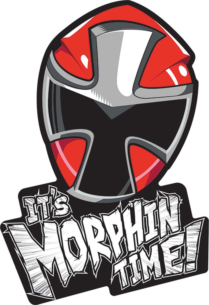 Red and black Power Ranger Ninja helmet graphic with bold "It's Morphin Time!" text in white and gray below.