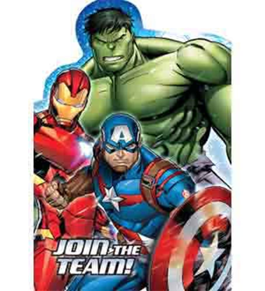 Avengers invitation featuring Hulk, Iron Man, and Captain America with "Join the Team!" text.