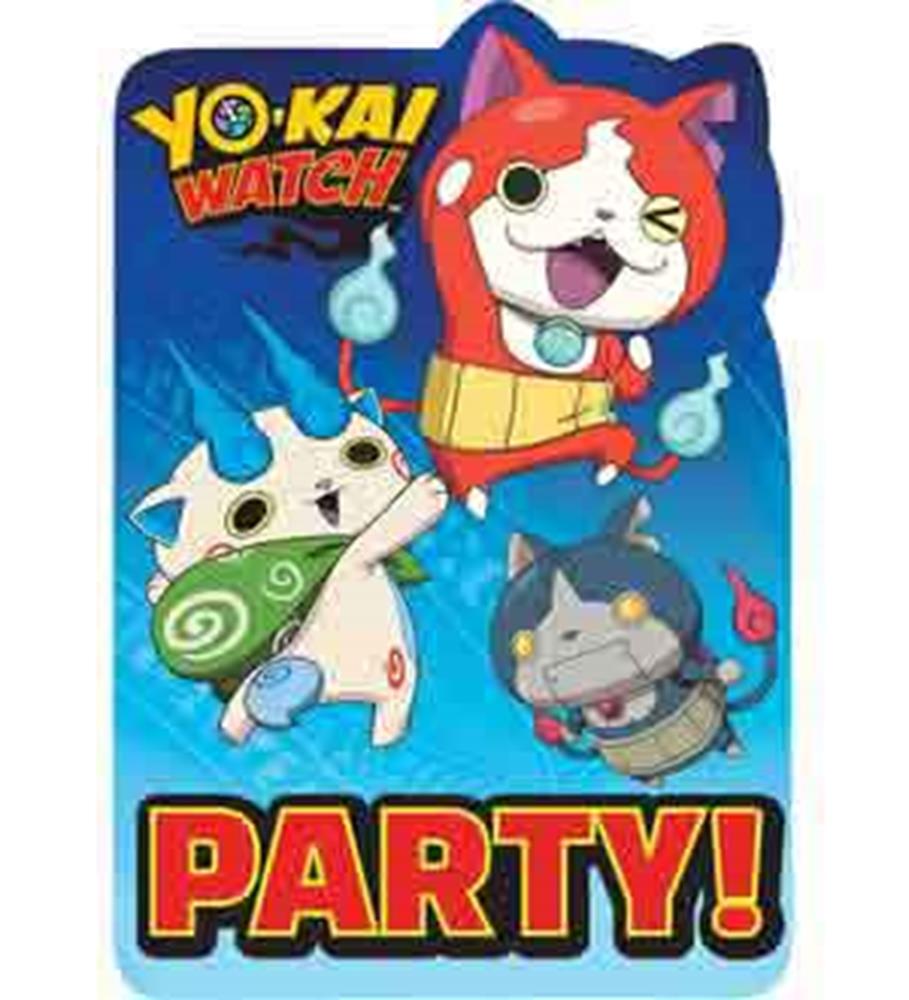 Blue Yokai Watch party invitation featuring colorful cartoon characters and bold red PARTY! text.