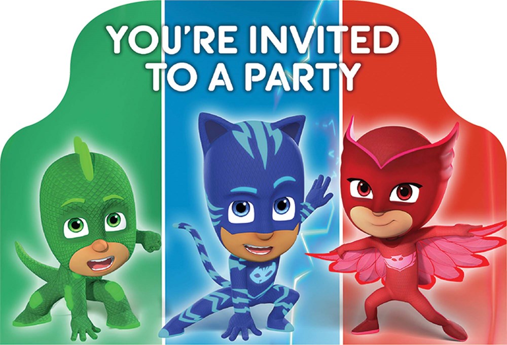 Colorful PJ Masks birthday invitation featuring green Gekko, blue Catboy, and red Owlette with bold white text saying.