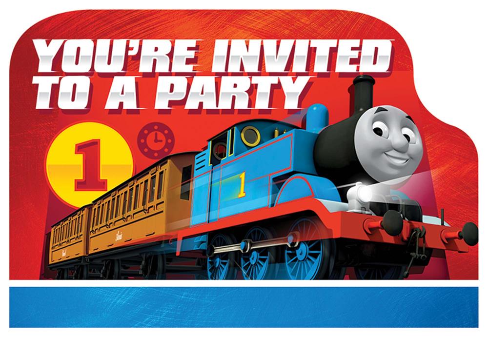Red party invitation card featuring blue Thomas the Tank Engine with yellow train cars, bold white text reading "You're.