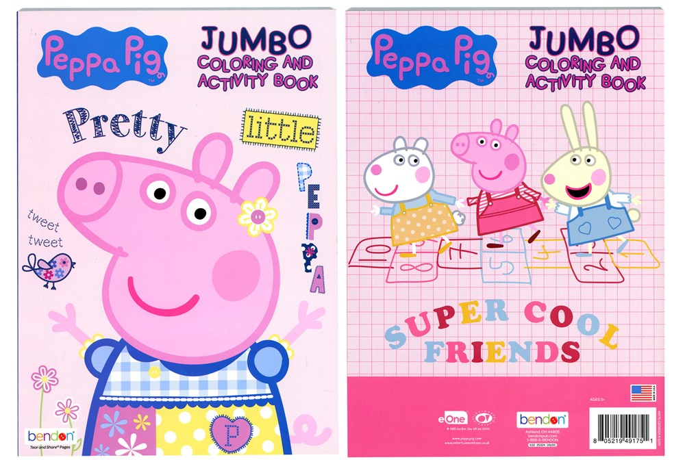 Two Peppa Pig jumbo coloring and activity books with bright pink covers featuring Peppa Pig characters and playful designs.