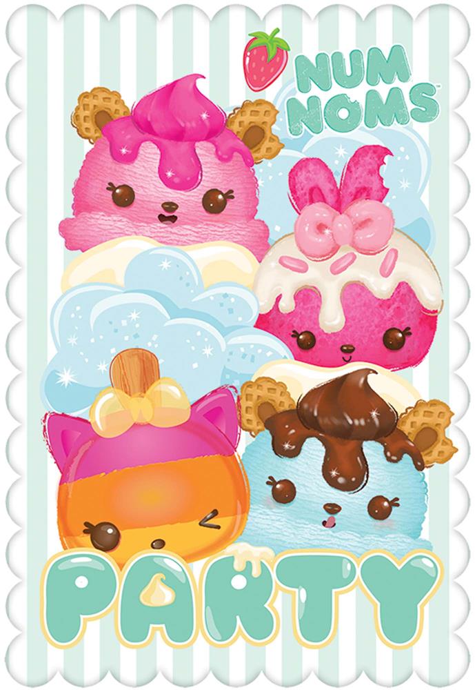 Colorful Num Noms characters with smiling faces topped with frosting and sprinkles on a scalloped-edge white card.