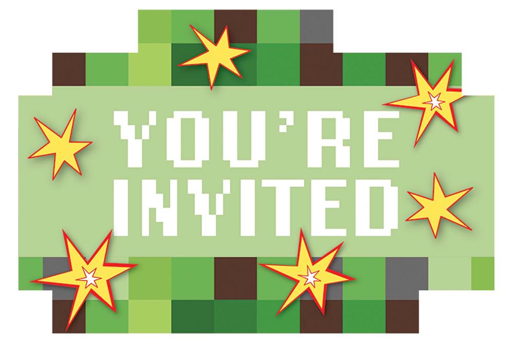 Green pixelated party invitation card with white block text "YOU'RE INVITED" and orange starburst accents.