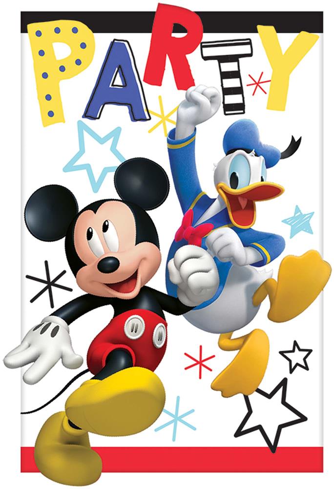 Colorful Mickey Mouse and Donald Duck birthday invitations with playful "PARTY" text in red, yellow, and blue.