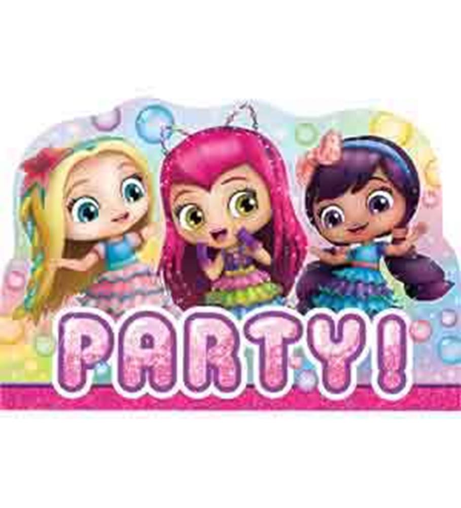 Colorful Little Charmers birthday invitation featuring three animated girls with blonde, pink, and dark hair above bold pink