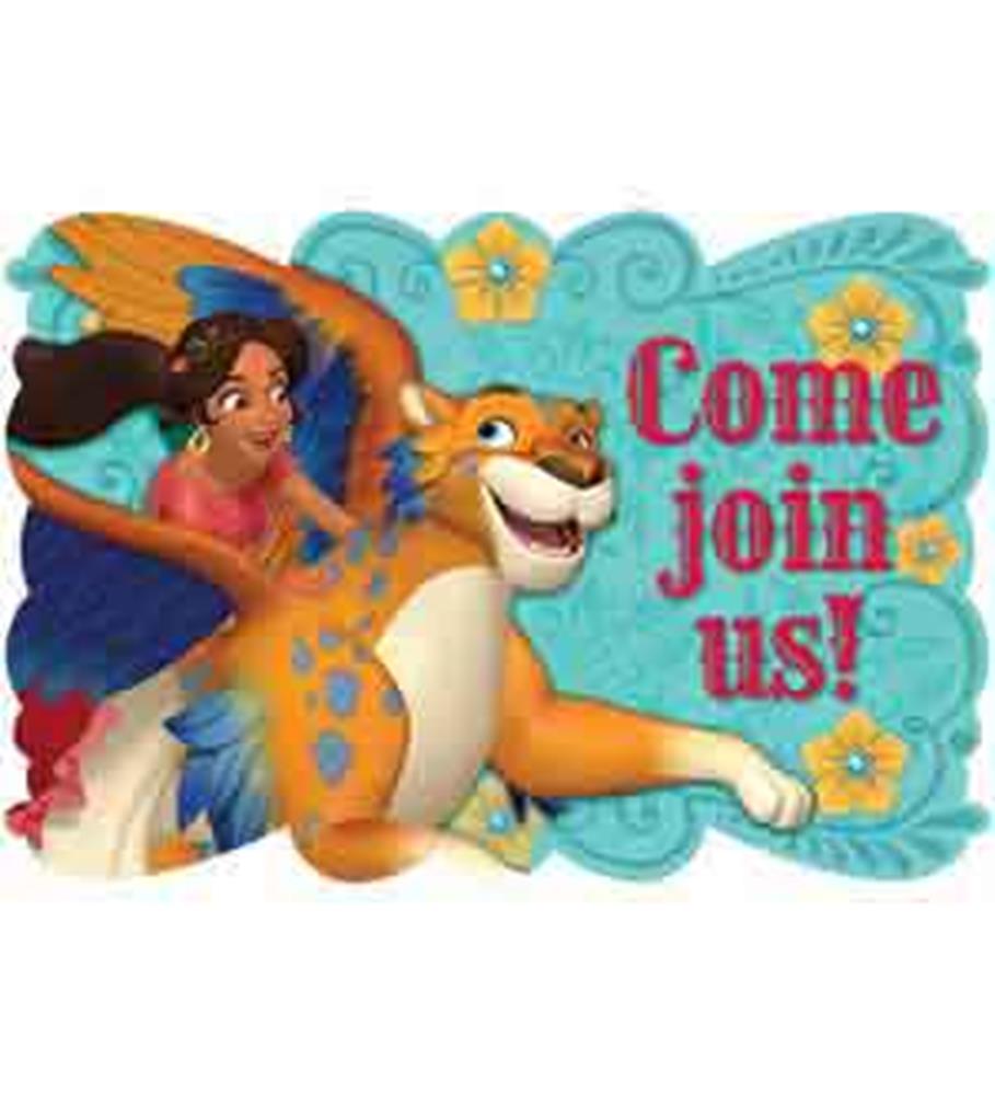 Bright turquoise invitation card with orange and yellow flowers, featuring Elena of Avalor and a smiling winged jaguar, pink