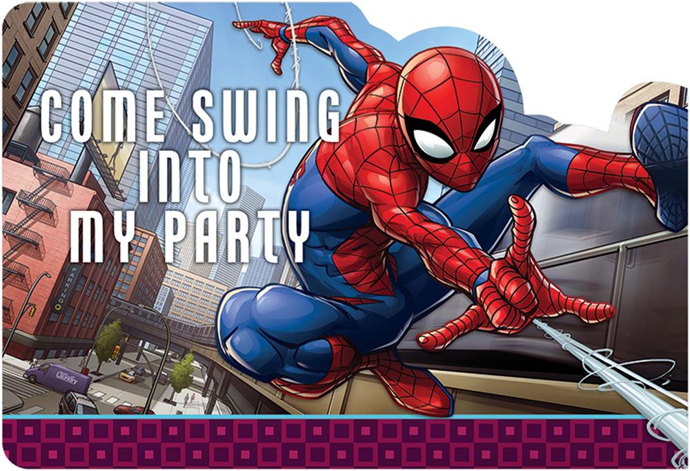 Spiderman in classic red and blue suit swinging through city with "Come Swing Into My Party" text.
