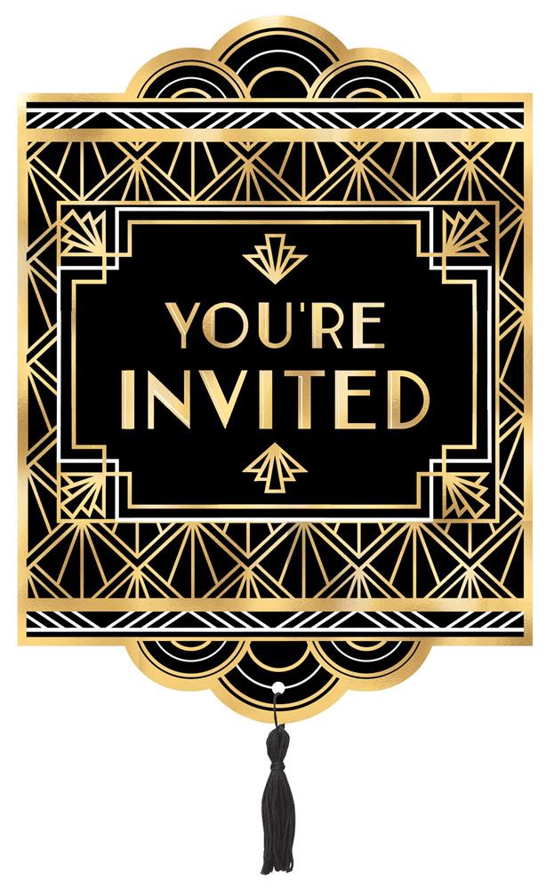 Black and gold Art Deco style party invitation with "You're Invited" text and a black tassel embellishment.