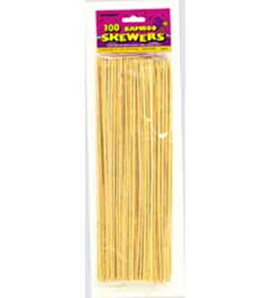 100 natural bamboo skewers bundled in clear plastic package with yellow and purple label.