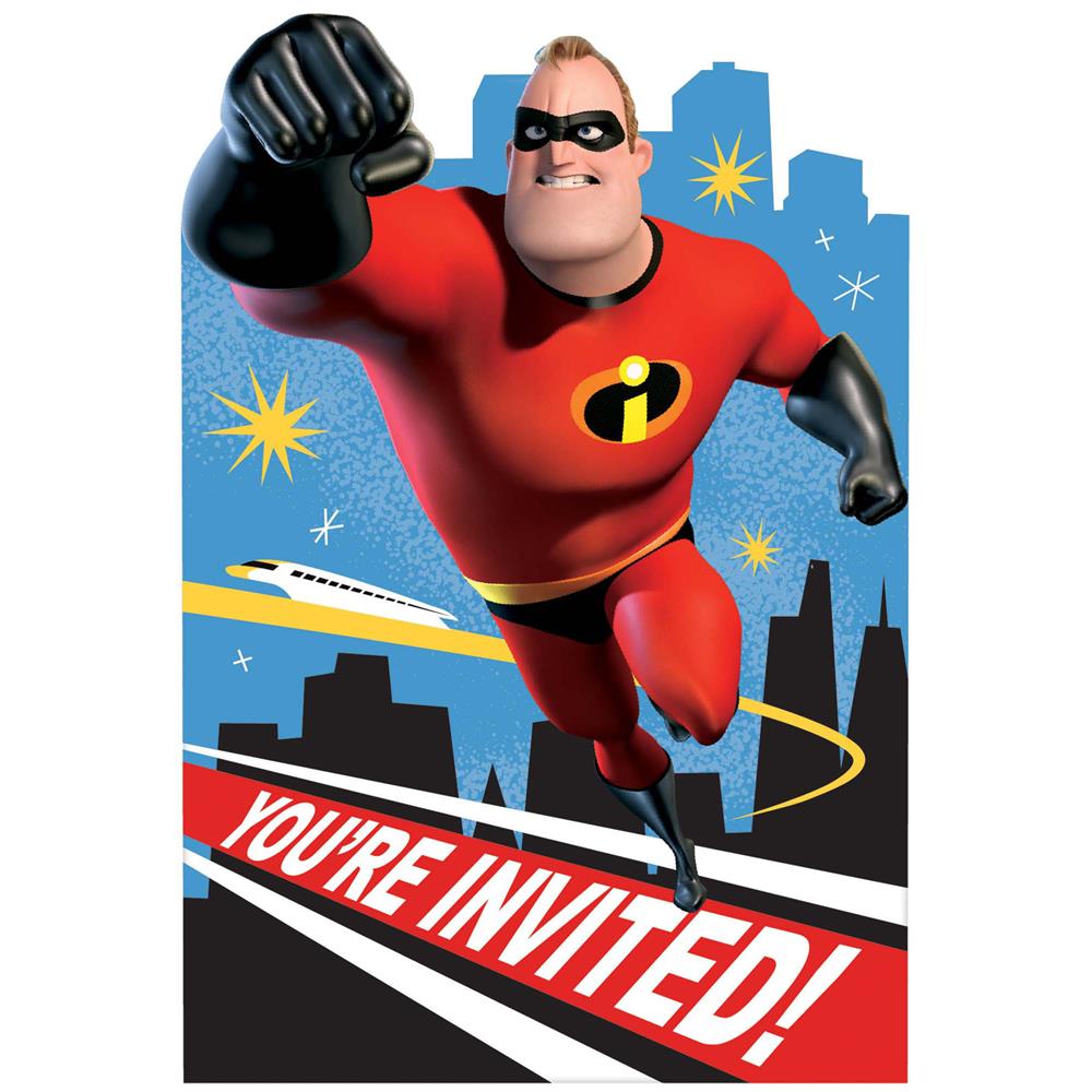 Red and black superhero-themed birthday invitation with Mr. Incredible flying and "You're Invited!" text.