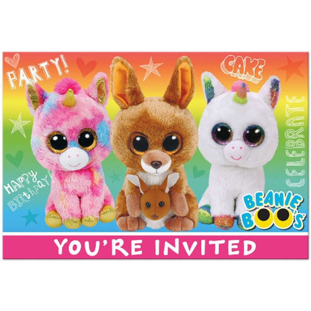 Pink unicorn, brown kangaroo, and purple unicorn, with "You're Invited" text.