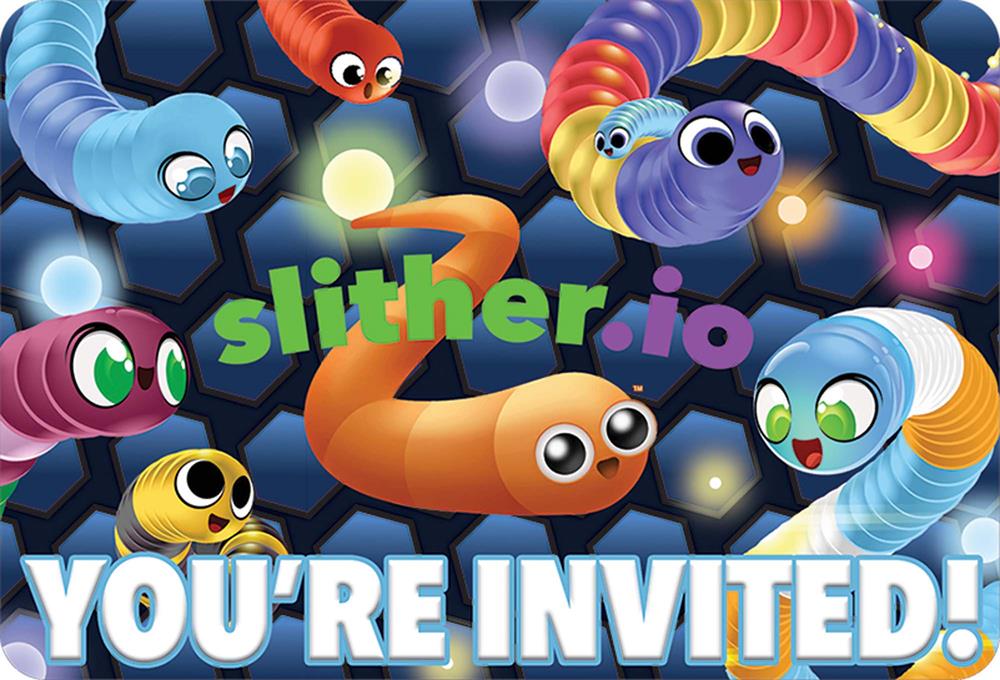 Colorful cartoon snakes with big eyes on a dark background with glowing orbs and bold "You're Invited!" text.