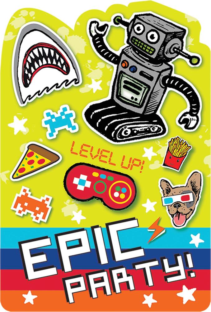 Bright yellow party invitations featuring a playful robot, shark, video game controller, pizza slice, and pixelated space.