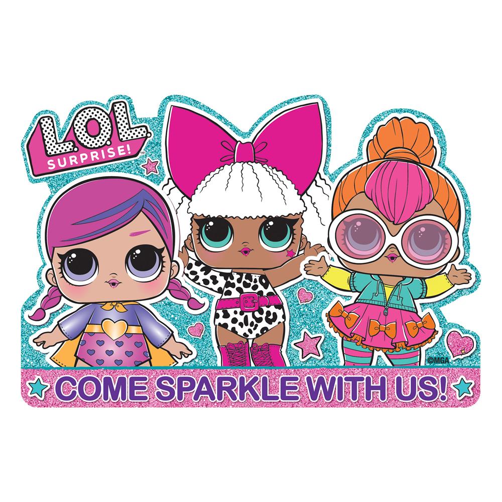 Colorful LOL Surprise postcard invitations featuring three cartoon girls with bright outfits and accessories on a turquoise.