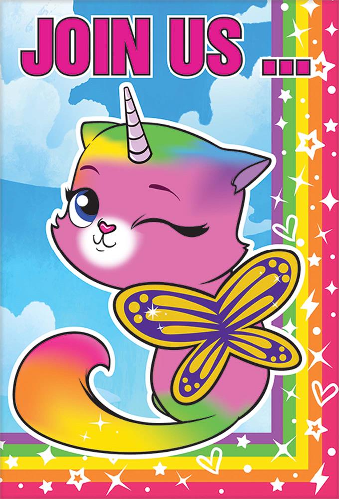 Colorful invitation featuring a pink unicorn cat with a rainbow tail and yellow butterfly wings on a blue sky background.