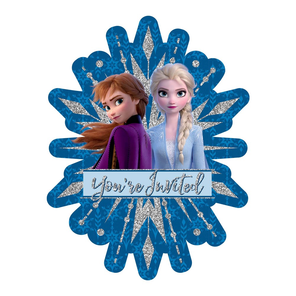 Blue glitter snowflake-shaped birthday invitation featuring Anna and Elsa from Frozen 2 with "You're Invited!" text in.