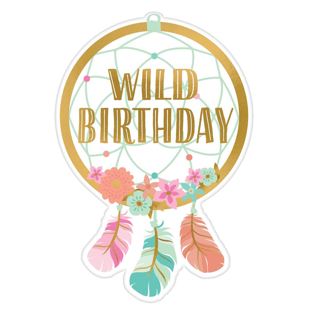Boho-style birthday invitation shaped like a dreamcatcher with gold "Wild Birthday" text and colorful feathers and flowers.