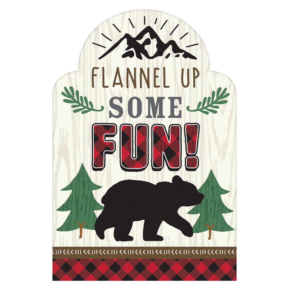 Rustic lumberjack invitation with mountain, bear, pine trees, and plaid border design.