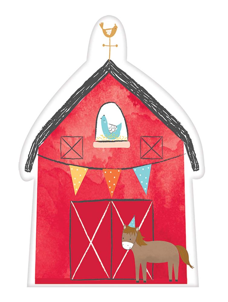 Red barn-shaped birthday invitation with colorful pennant banner, blue bird in window, and brown donkey illustration.