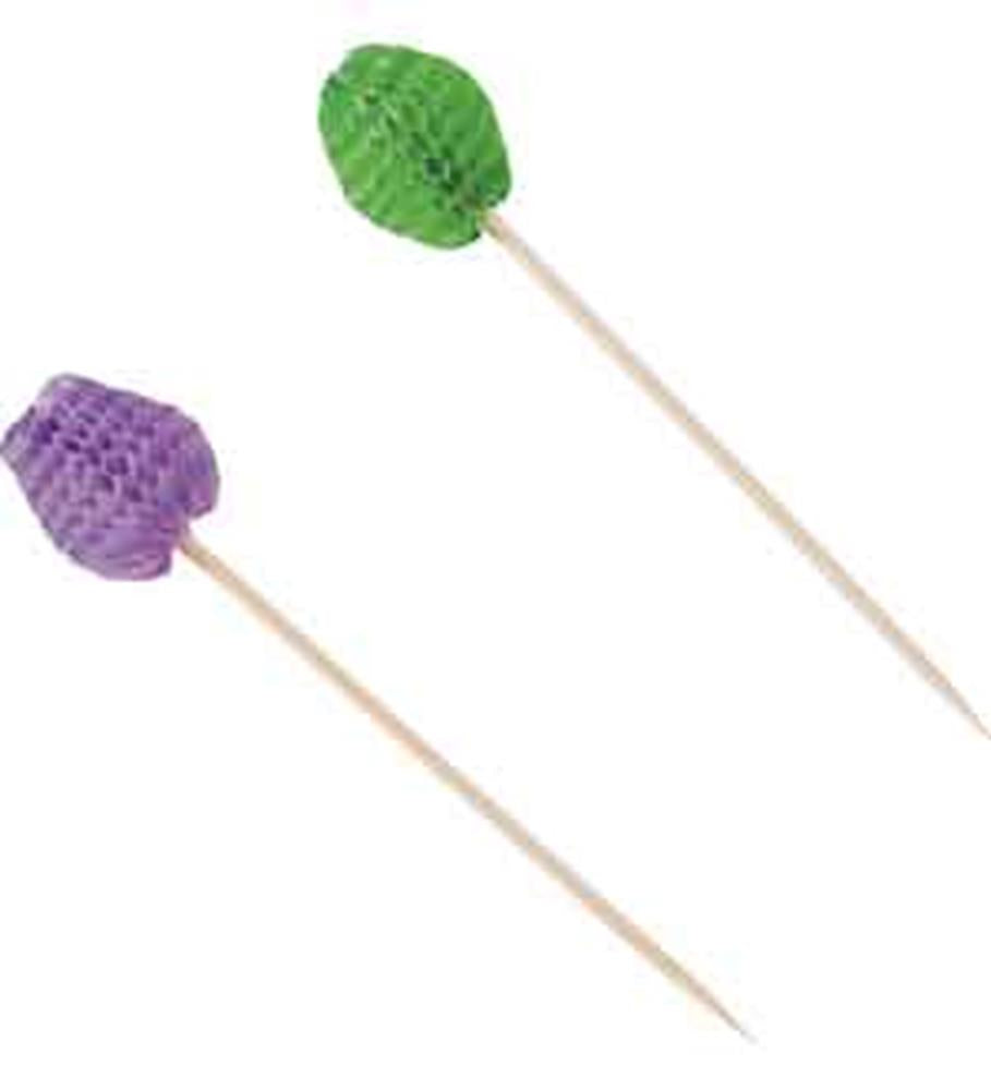 Pack of 50 wooden picks with green and purple 3D honeycomb paper tropical fruit shapes on top.