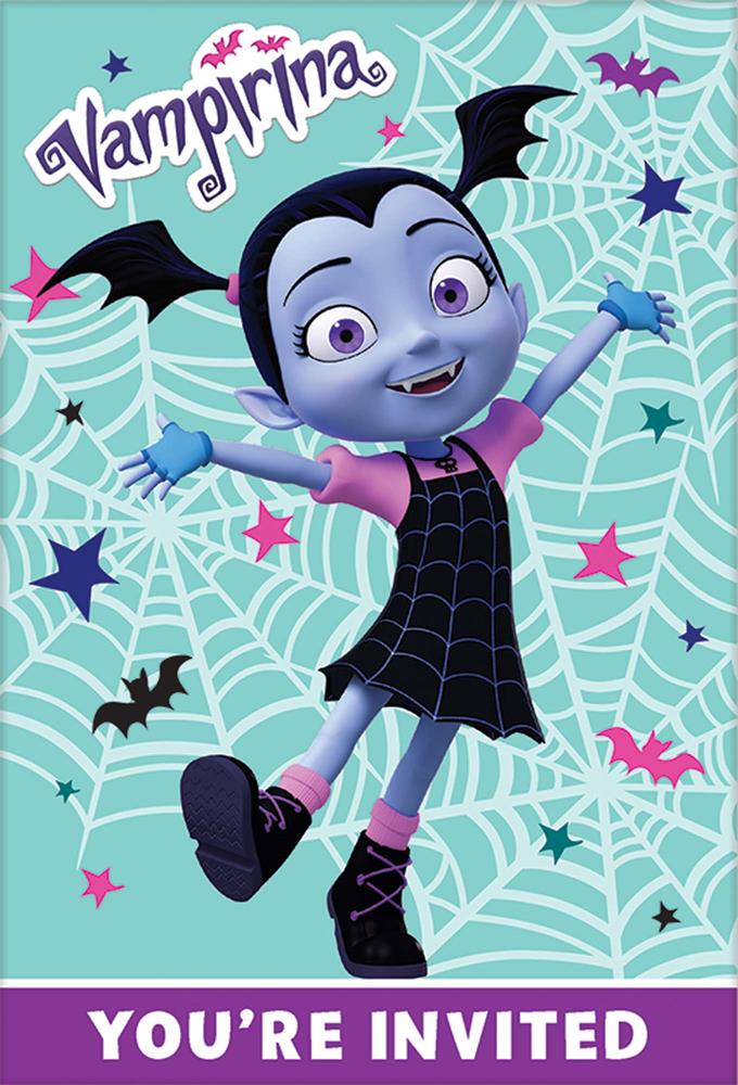 Vampirina character on turquoise web background with bats, purple stars, and "You're Invited" text in white on purple bar.