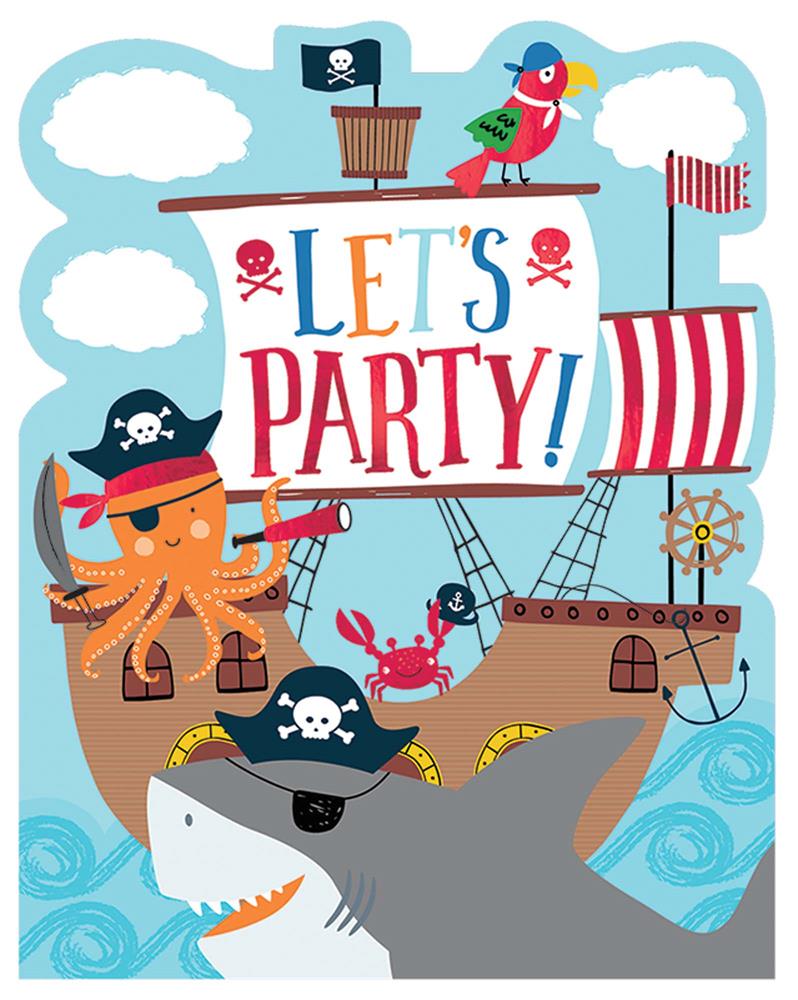 Colorful pirate ship birthday invitation with an octopus, shark, parrot, crab, and pirate flags.