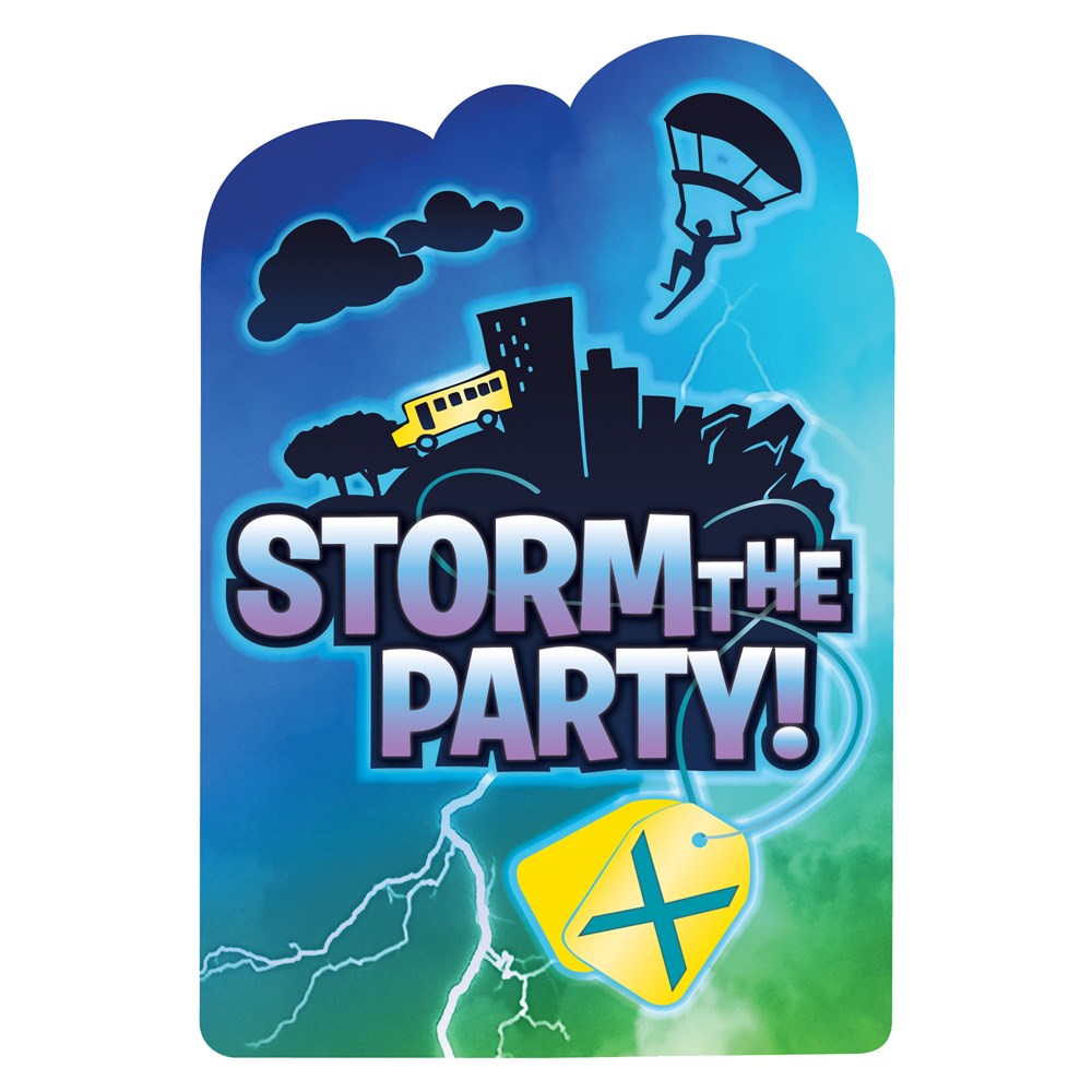 Blue and green Battle Royal invitation with city skyline, parachuter, lightning bolt, and bold "Storm the Party!" text.