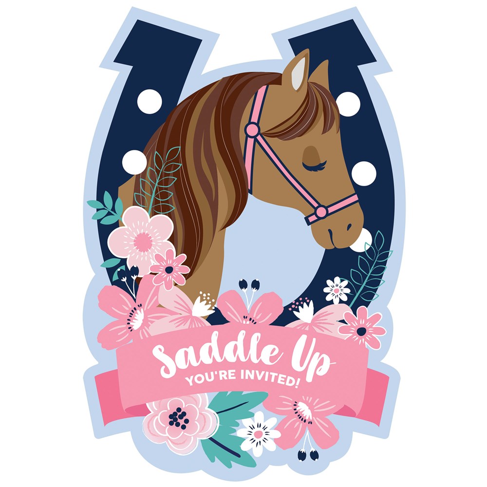 Brown horse with pink bridle inside navy blue horseshoe, surrounded by pink flowers and "Saddle Up You're Invited" banner.