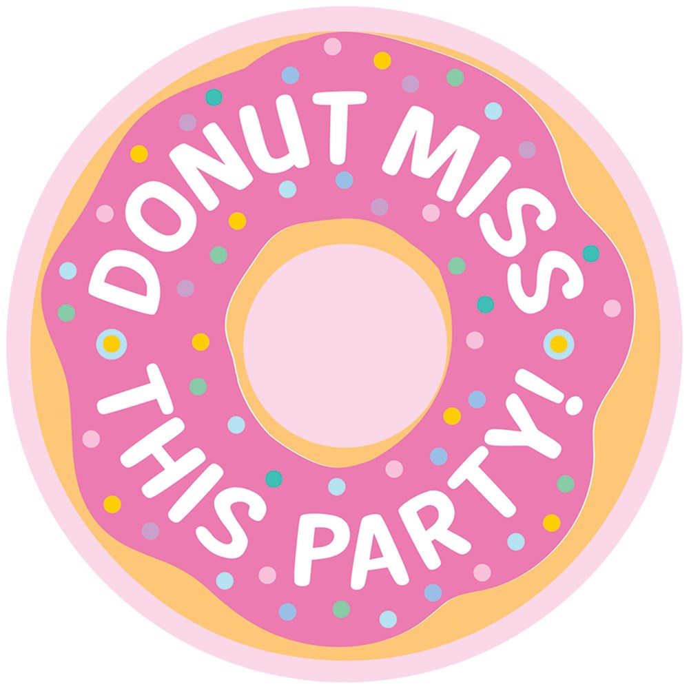 Round postcard invitation shaped like a pink frosted donut with colorful sprinkles and white text reading "Donut Miss This.