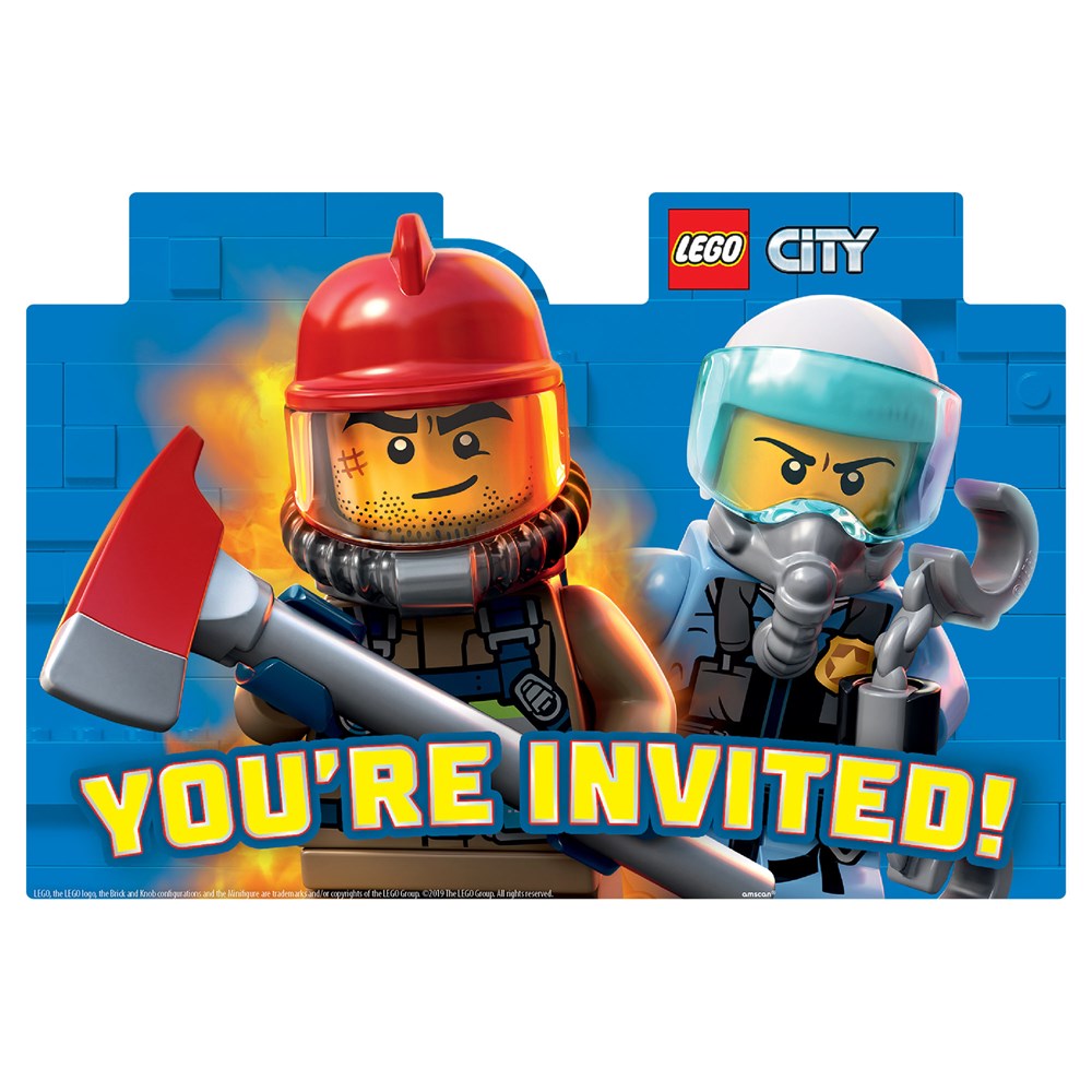 Bright blue postcard invitation featuring two LEGO City firefighter minifigures, one holding an axe, with bold yellow text.