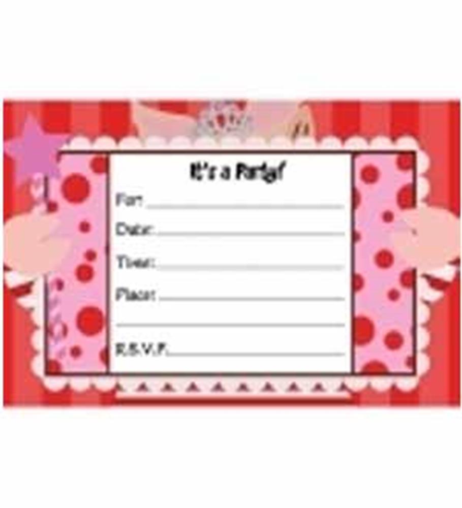 Red and pink party invitation with star and polka dot patterns and spaces to fill in event details.