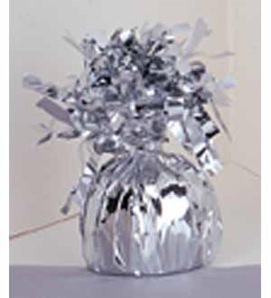 Shiny silver balloon weight with metallic tinsel and reflective finish.
