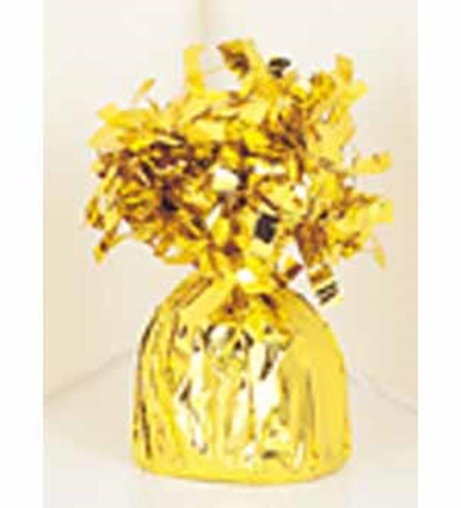 Gold foil balloon weight with shiny metallic fringe top and crinkled base wrap.