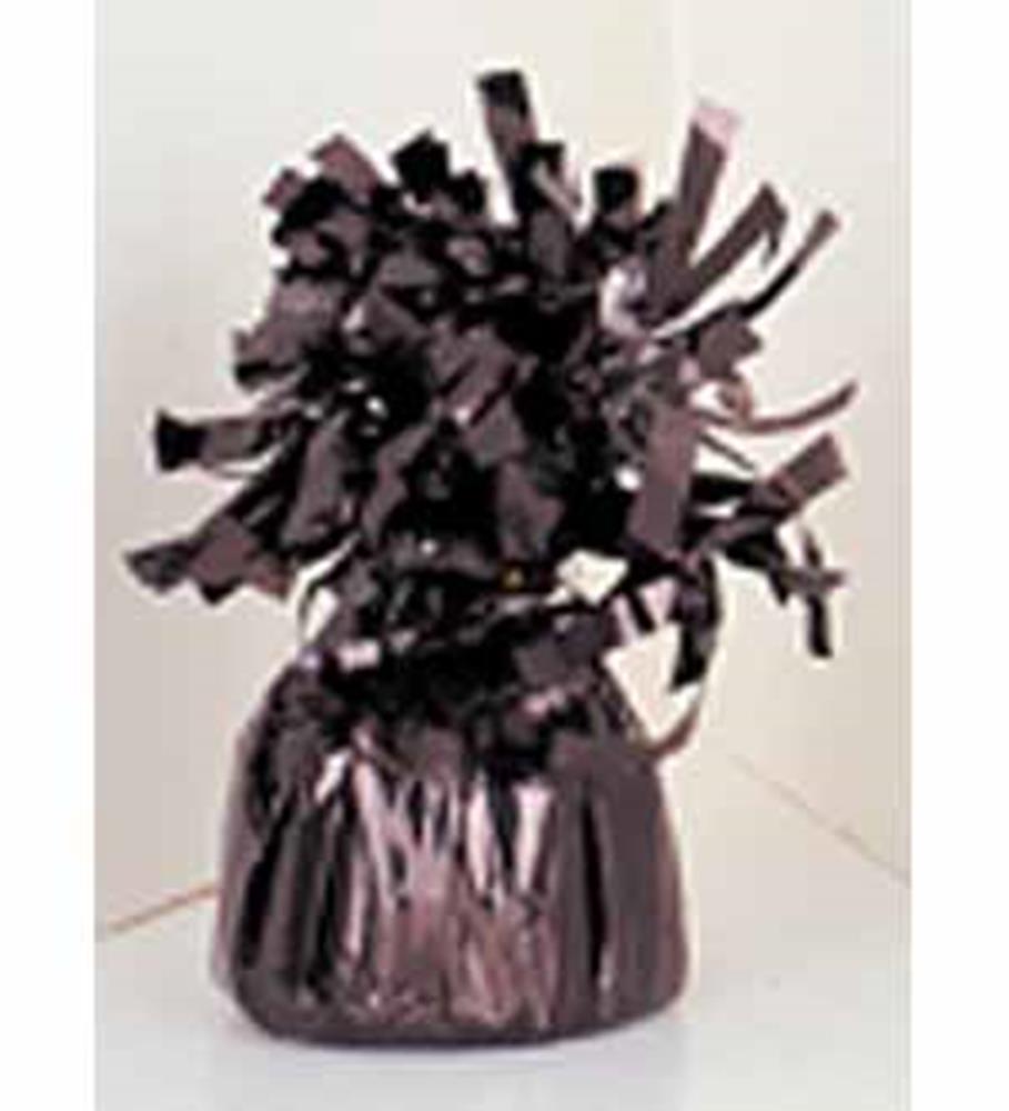 Black metallic balloon weight with shiny fringed top and weighted base.