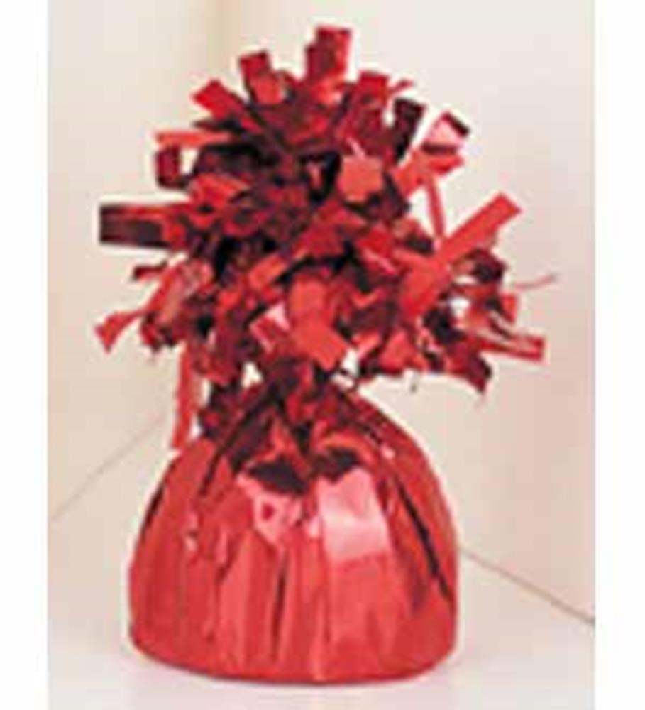Red metallic balloon weight with crinkled foil top and rounded base wrapping.