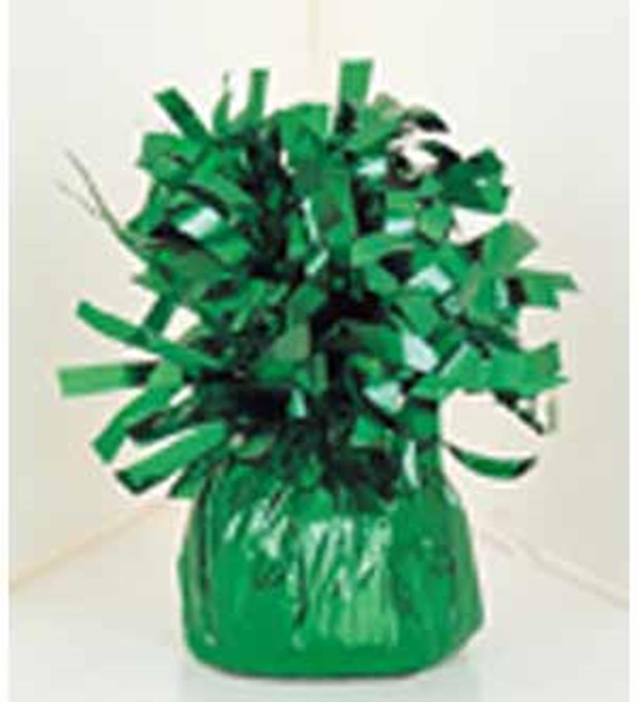 Shiny green foil balloon weight with crinkled metallic tassels on top.