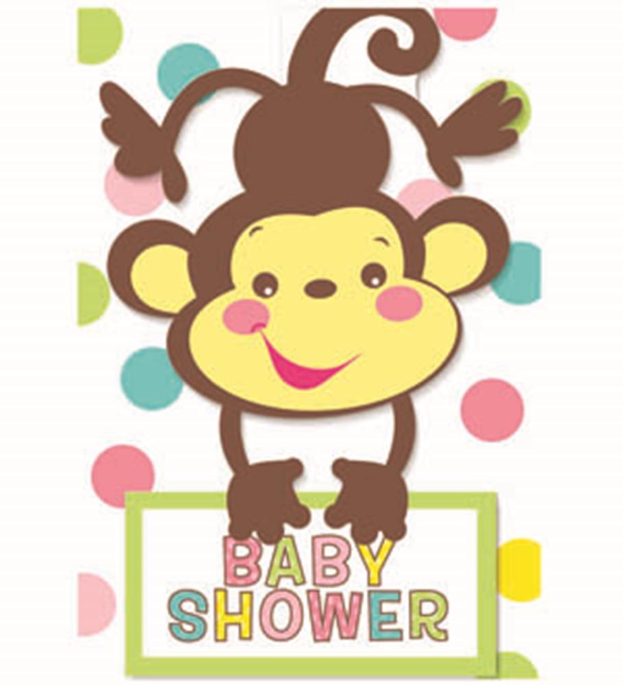 Brown and yellow cartoon monkey holding a sign with colorful letters spelling "Baby Shower" on a white background with.