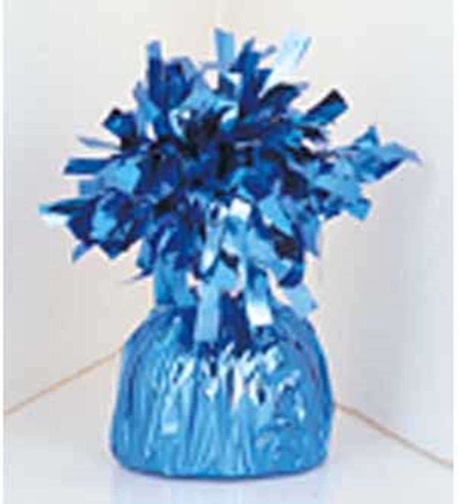 Shiny blue foil balloon weight with crinkled wrap and curled metallic tassels on top.