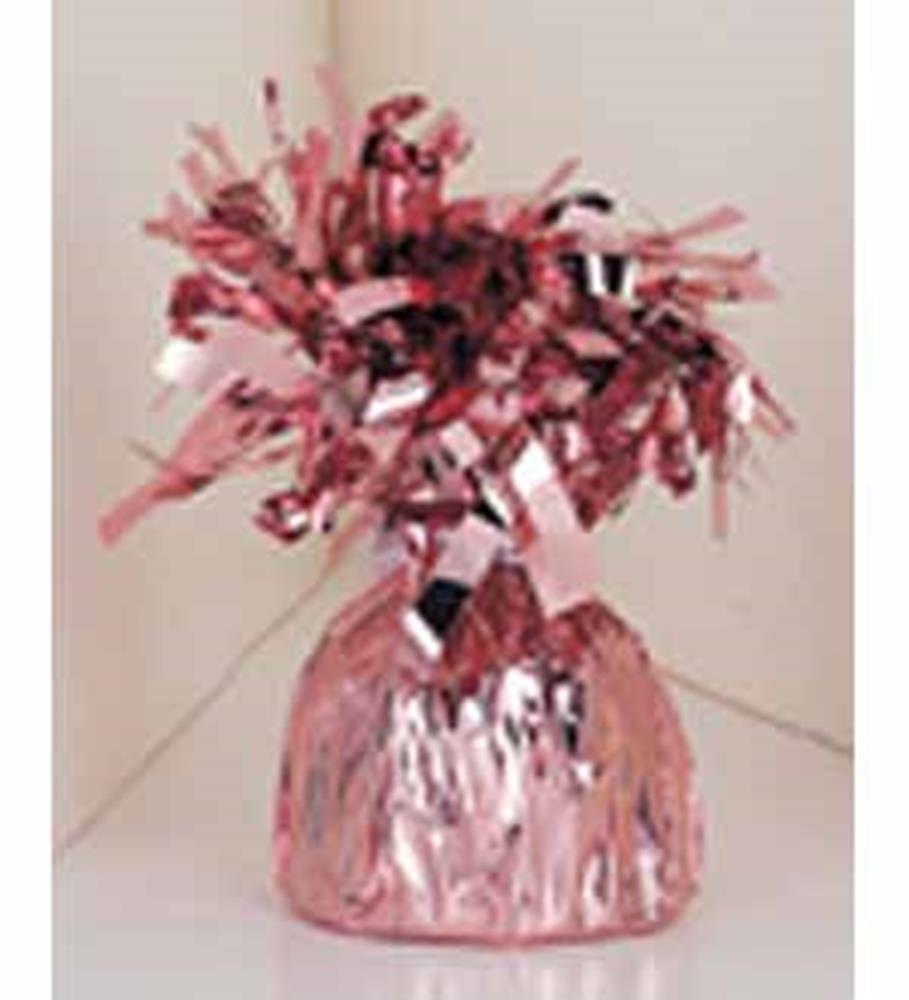 Shiny pink foil balloon weight with metallic fringe top decoration.