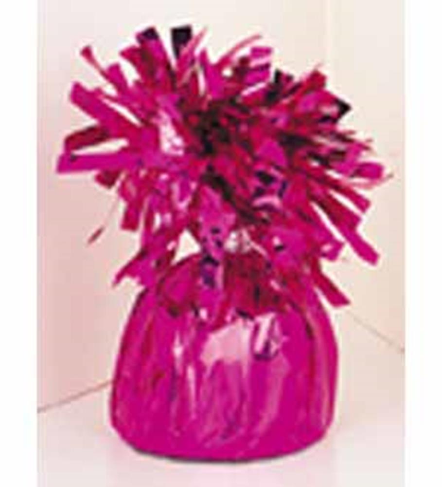 Shiny magenta foil balloon weight with crinkled, reflective fringe topper.