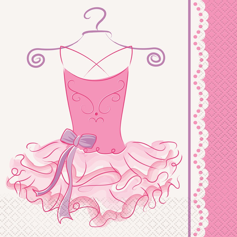 Pink ballerina dress napkin with ruffled tutu, decorative bow, and scalloped lace border.
