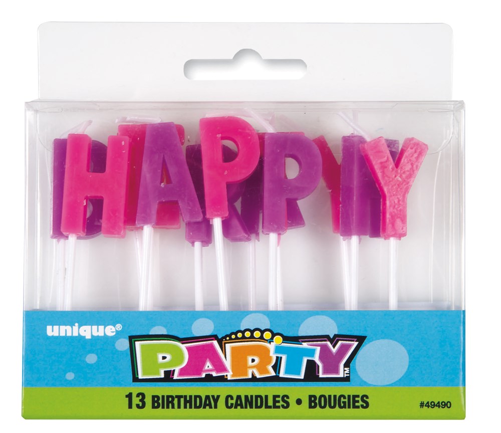 Pink and purple glittery letter candles spelling "HAPPY" on white sticks in clear packaging.